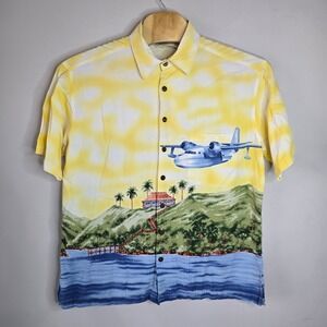 Koko Island Mens XL Hawaiian Shirt Seaplane Tropical Island Scenic Yellow Blue